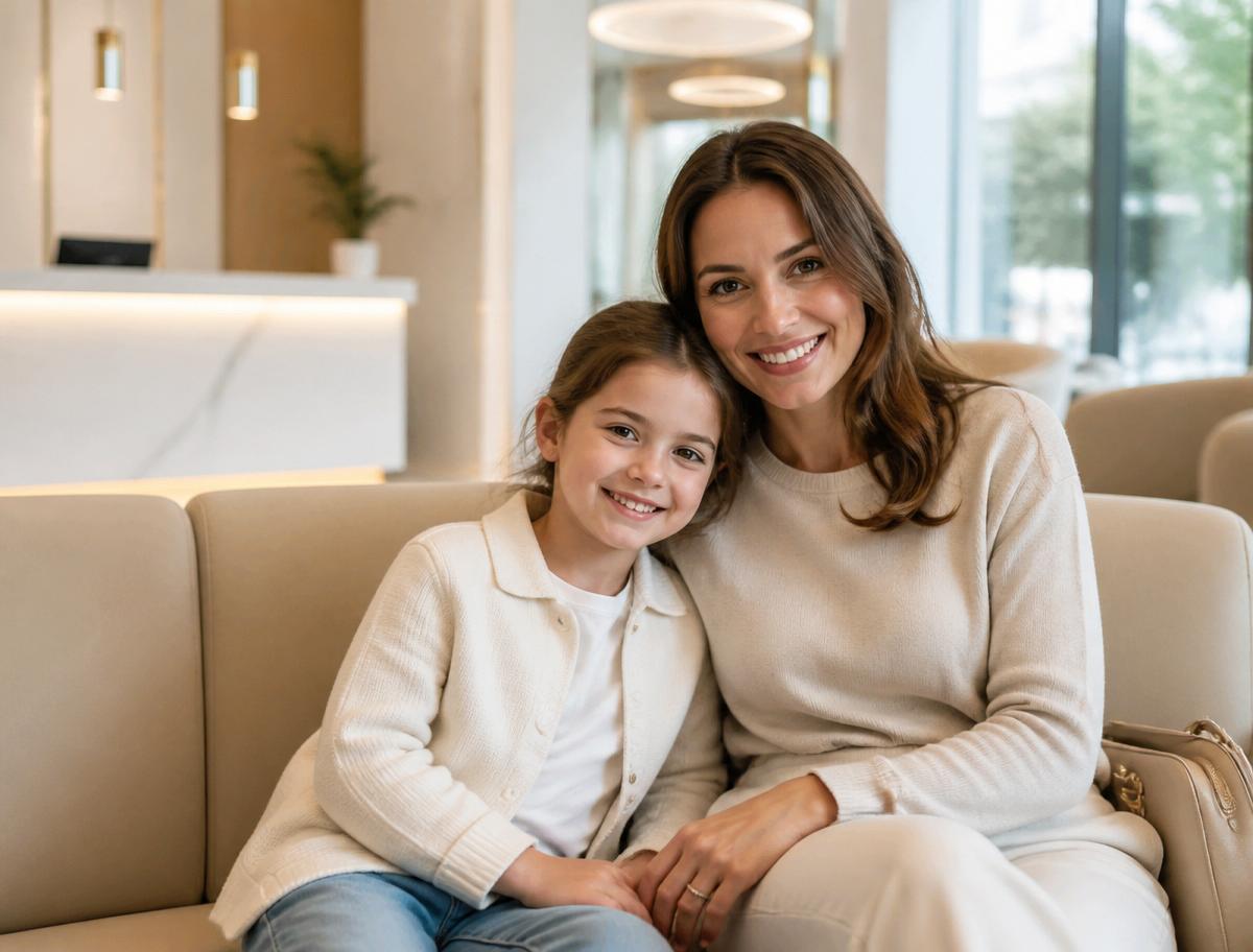 Mãe e filha numa sala de espera luminosa da The Lisbon Smile Clinic em Lisboa